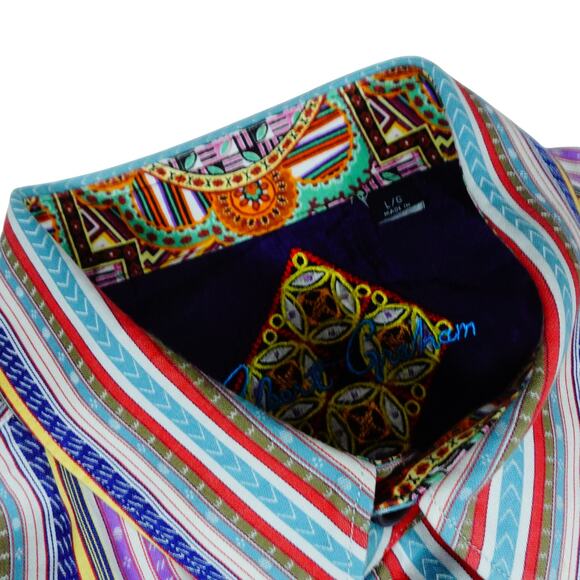 Robert Graham Multicolor Striped Embroidered Button Up Shirt Flip Cuff Mens L - Picture 2 of 8